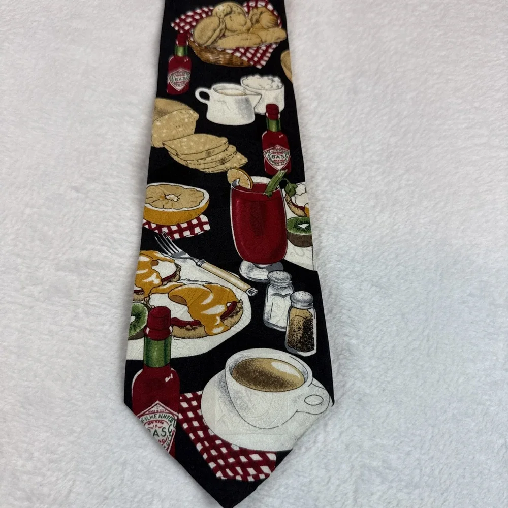 TABASCO for Breakfast Coffee Bagels Eggs Bacon Men's Novelty 100% Silk Tie